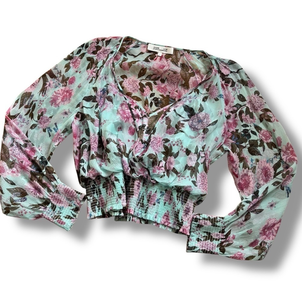 Diane Von Furstenberg Light Blue Pink Ramona Lilac Lagoon Silk Blouse - Large